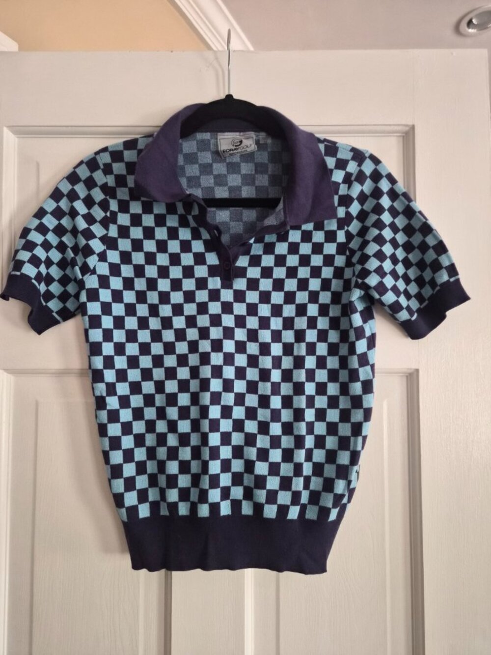 Foray Golf Check Knit Polo Navy Aqua Checker Sweater Top- Size M- FG-0662